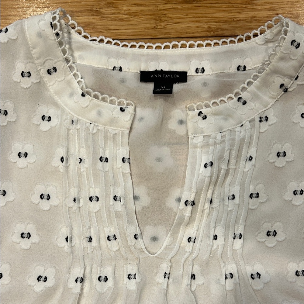 Ann Taylor Delicate Cream Blouse with Black Floral Design XS